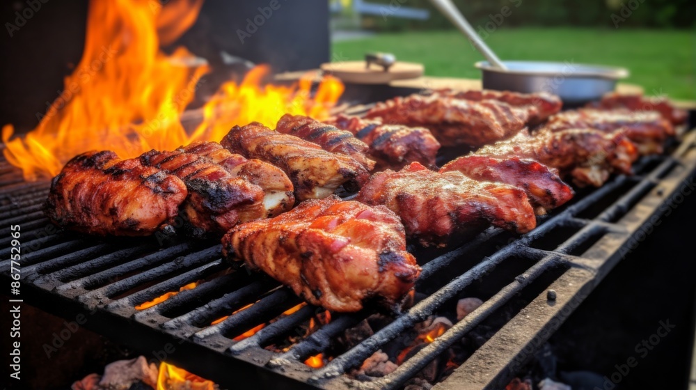 This mouth-watering image shows a variety of delicious barbecue meat grilling on an open fire, capturing the essence of outdoor cooking and savory, smoky flavors. This mouth-watering image shows a variety of delicious barbecue meat grilling on an open fire, capturing the essence of outdoor cooking and savory, smoky flavors.