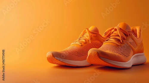 A pair of orange running shoes sit on a bright orange background, ready for a workout in the sunshine photo