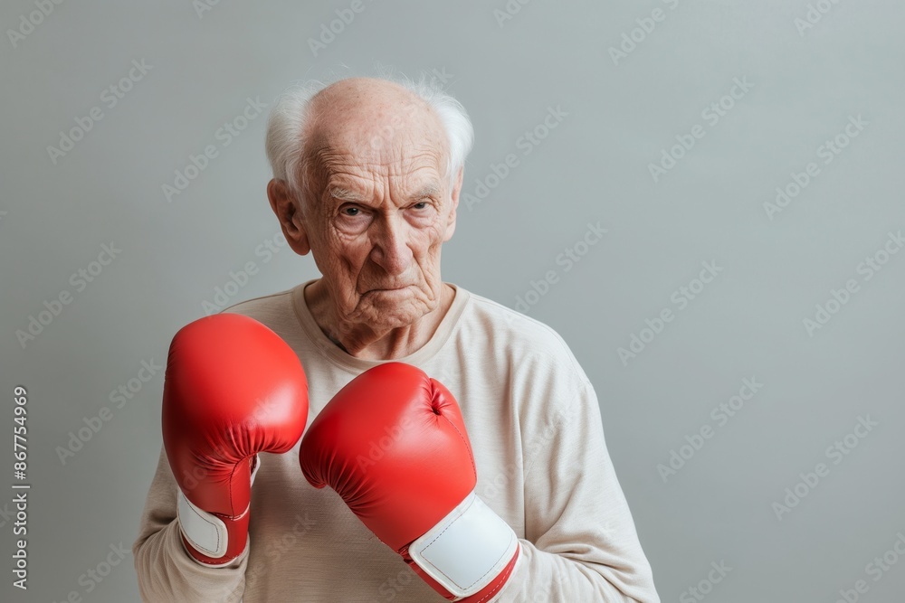 An elderly man with white hair, dressed in an off-white shirt, wearing red boxing gloves, stands in fighting pose against a neutral grey background, symbolizing determination and resilience in old age