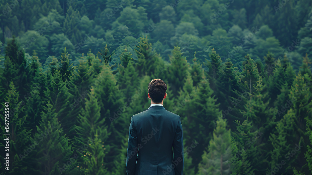 Naklejka premium Businessman Contemplating in Timberland Forest