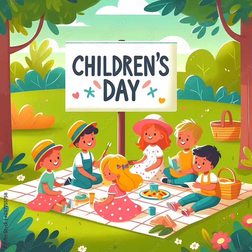 Fototapeta premium Happy Children's day flat vector illustration isolated on white background