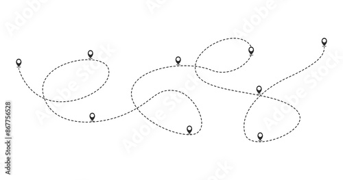 route path icon is a dotted line. A route with a starting point of departure and intermediate stops. Flat design. Vector eps10