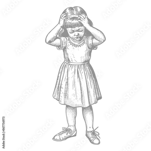 little girl holding headache in pain full body with engraving style black color only
