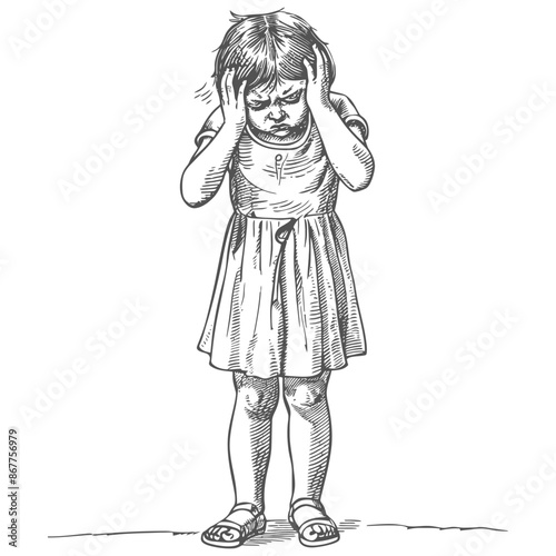 little girl holding headache in pain full body with engraving style black color only