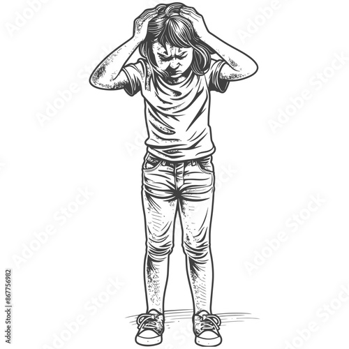 little girl holding headache in pain full body with engraving style black color only