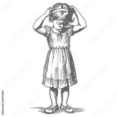 little girl holding headache in pain full body with engraving style black color only