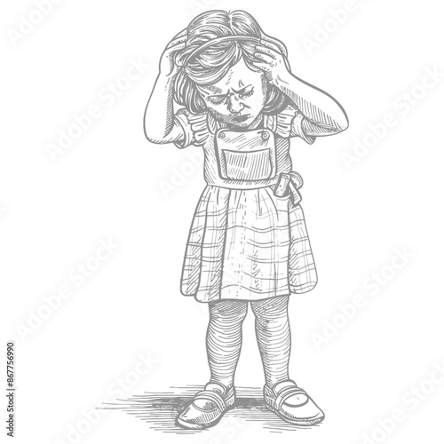 little girl holding headache in pain full body with engraving style black color only