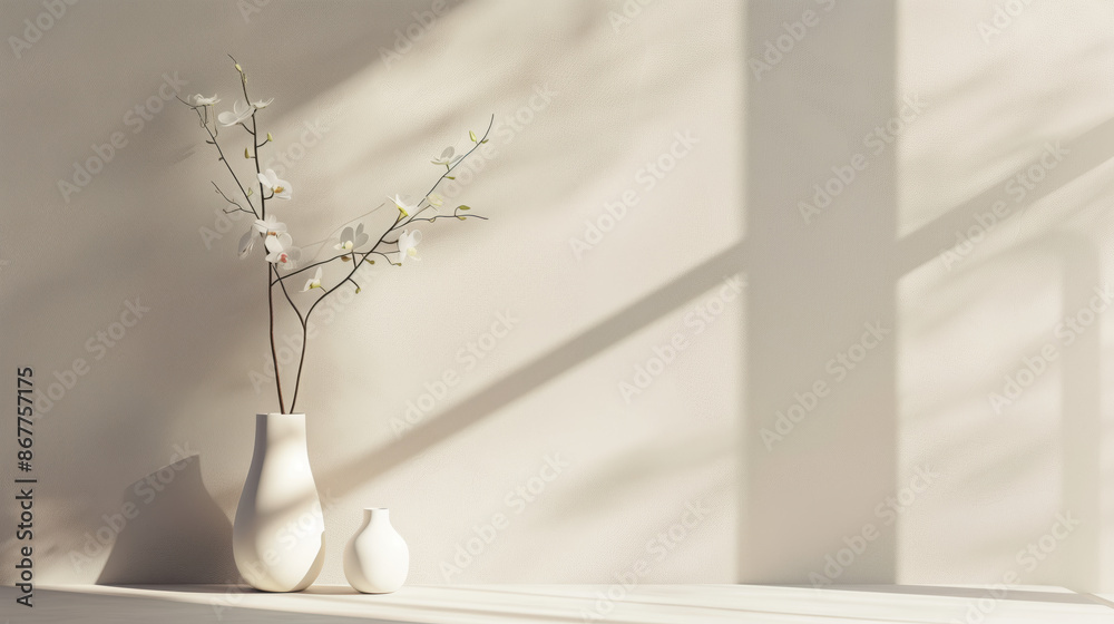 A minimalist scene featuring white orchids in round vases, casting delicate shadows on a white background. A minimalist scene featuring white orchids in round vases, casting delicate shadows on a white background.