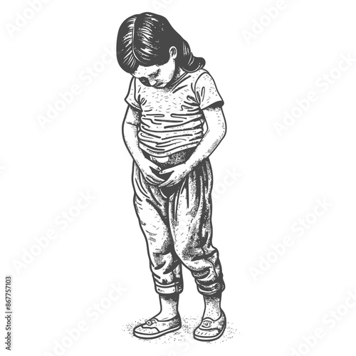 little girl holding stomach in pain full body with engraving style black color only