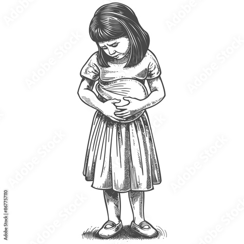 little girl holding stomach in pain full body with engraving style black color only