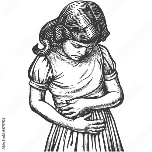 little girl holding stomach in pain full body with engraving style black color only