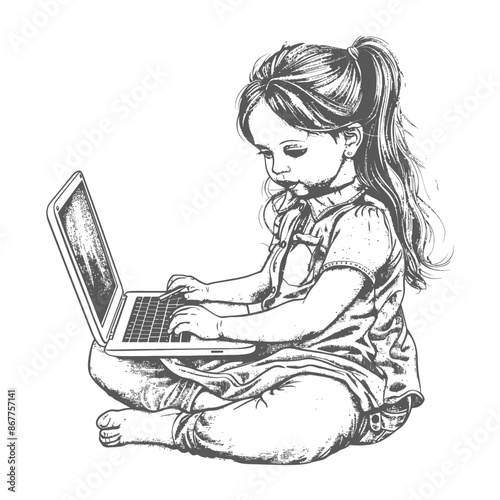 little girl playing on laptop while sitting cross legged with engraving style black color only