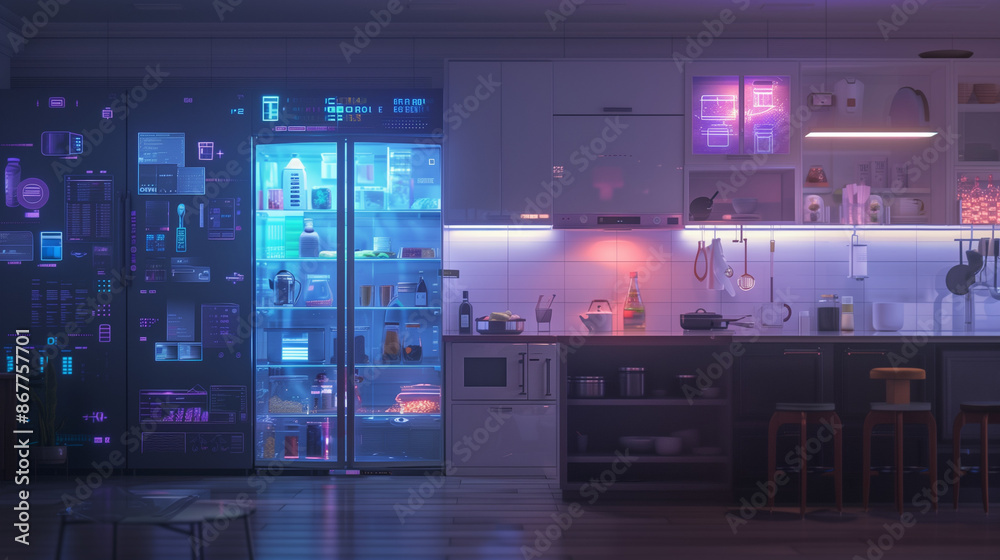 Futuristic Smart Home Kitchen with Neon Lighting Futuristic Smart Home Kitchen with Neon Lighting