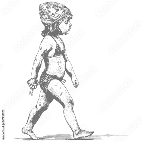little girl walking with swim ring and swim cap with engraving style black color only