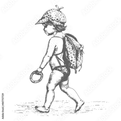 little girl walking with swim ring and swim cap with engraving style black color only