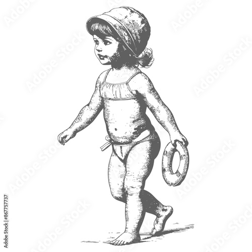 little girl walking with swim ring and swim cap with engraving style black color only