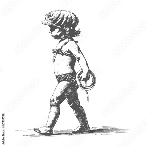 little girl walking with swim ring and swim cap with engraving style black color only