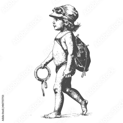 little girl walking with swim ring and swim cap with engraving style black color only