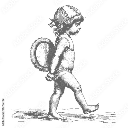 little girl walking with swim ring and swim cap with engraving style black color only