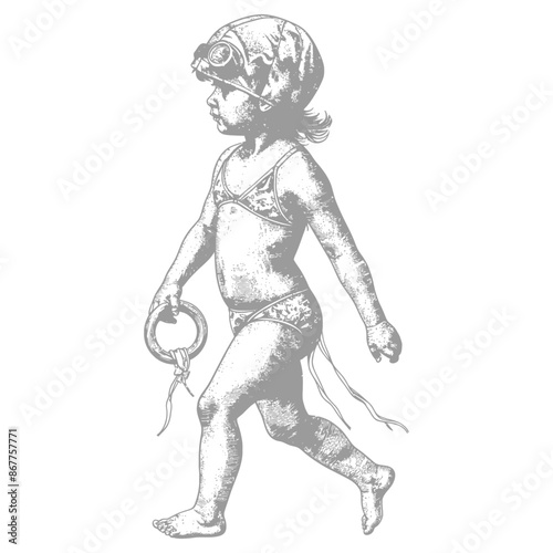 little girl walking with swim ring and swim cap with engraving style black color only