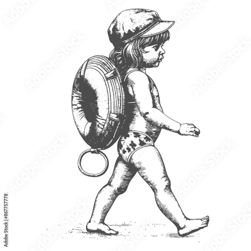 little girl walking with swim ring and swim cap with engraving style black color only