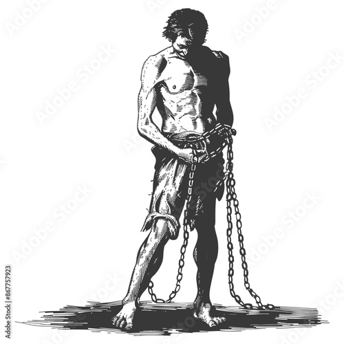 man slave with shackle full body with engraving style black color only