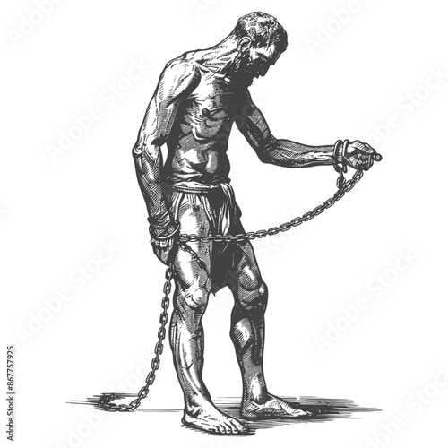 man slave with shackle full body with engraving style black color only