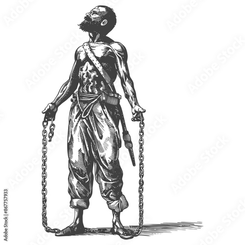 man slave with shackle full body with engraving style black color only