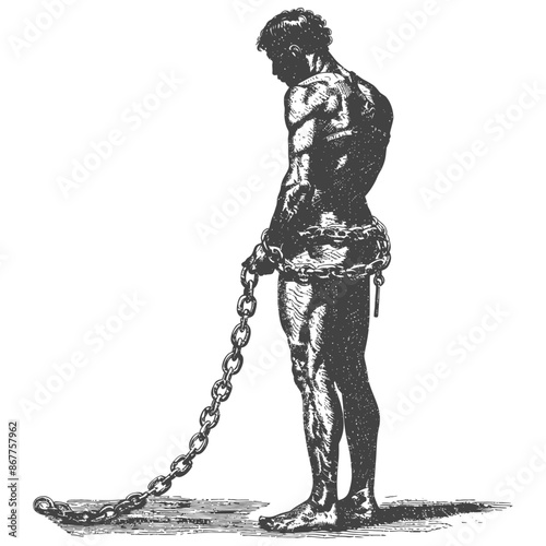 man slave with shackle full body with engraving style black color only