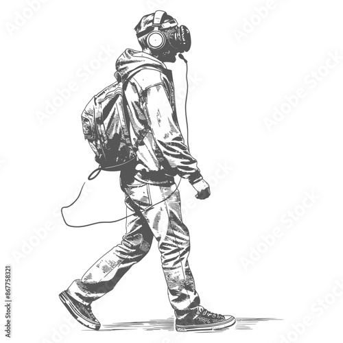 man walking while listening to headset full body with engraving style black color only