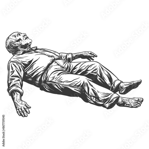 Deceased man in detailed pen sketch outline drawing
