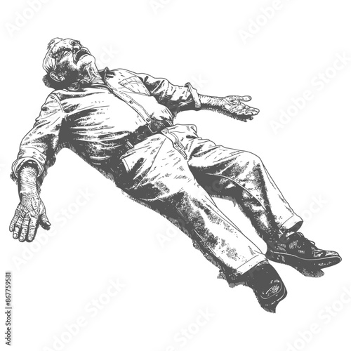 Elderly man lying on the ground eyes closed in a state of vulnerability and helplessness