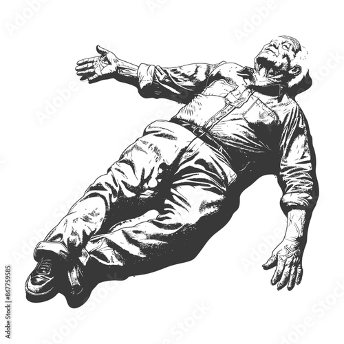 Elderly man lying on ground arms outstretched