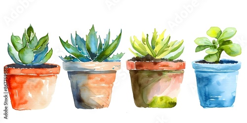 Flat design recycled planters in watercolor with analogous color scheme. Concept Watercolor Illustration, Planters, Recycled Materials, Flat Design, Analogous Color Scheme