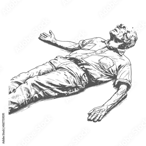 Man lying on ground eyes closed arms outstretched