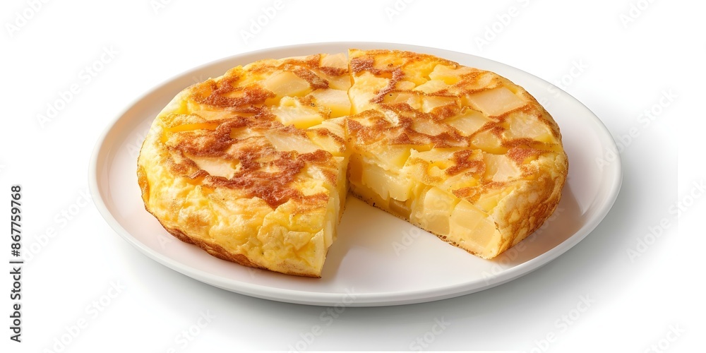 Spanish potato omelette on white background Tortilla de patatas. Concept Food Photography, Spanish Cuisine, Traditional Dish, White Background, Tortilla de patatas