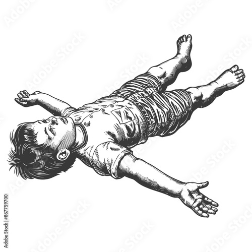 Boy in a relaxed pose with arms and legs outstretched