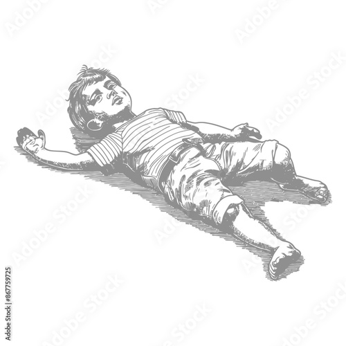 Child in a striped shirt lying on the ground