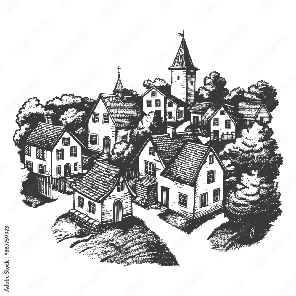 Obraz premium Etched Village: Hilltop Homes, Tower & Spire, Black & White Illustration
