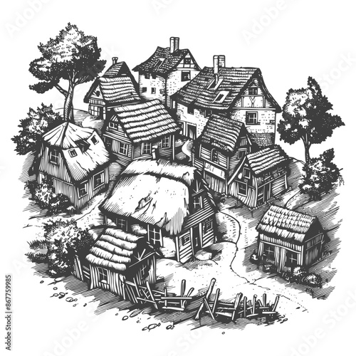 Medieval Village Ink Sketch: Thatched Roofs and Timber Houses.