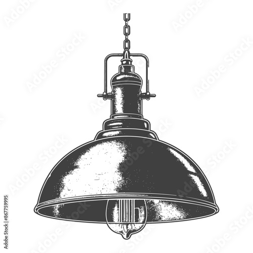 Engraved Vintage Industrial Pendant Lamp with Chain and Bulb, Isolated on White.