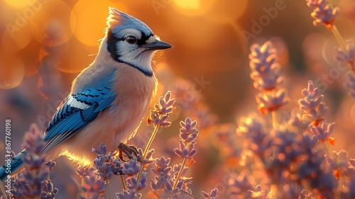 Beautiful Blue Jay Perched on Lavender Flowers at Sunset - Generative AI photo