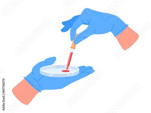 Blood test. Doctor hands holding blood sample, lab worker hands in rubber gloves does blood test flat vector illustration. Blood test concept