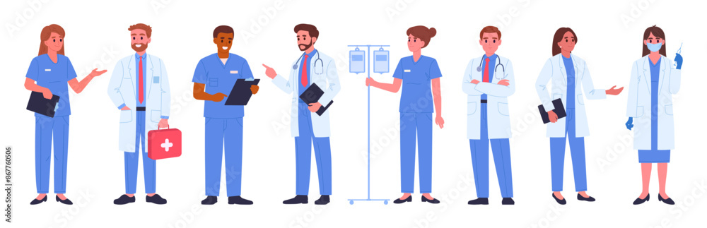 Hospital professional staff. Medical clinic workers, doctors and nurses, therapist, surgeon and anesthesiologist flat vector illustration set. Medicine and healthcare characters Hospital professional staff. Medical clinic workers, doctors and nurses, therapist, surgeon and anesthesiologist flat vector illustration set. Medicine and healthcare characters