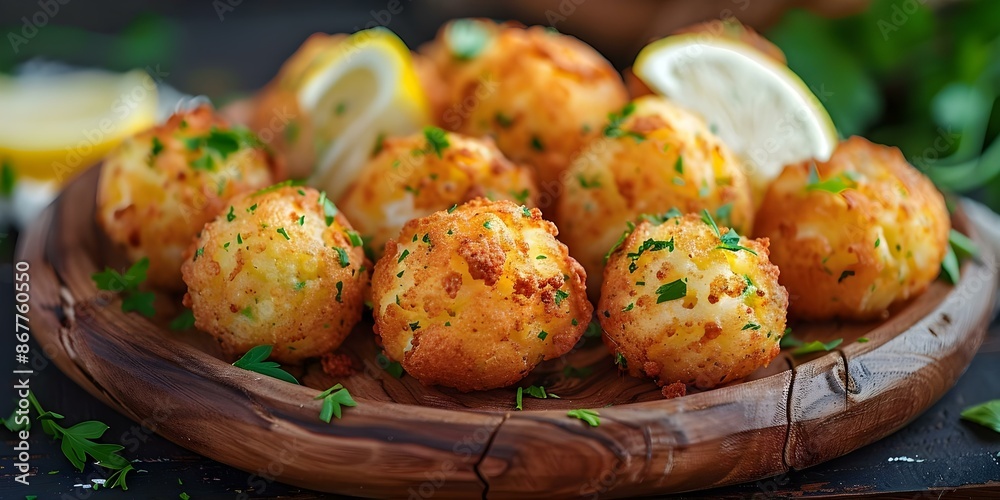 Crispy codfish balls with lemon wedges on a rustic wooden platter. Concept Seafood, Appetizer, Codfish, Recipe, Presentation Crispy codfish balls with lemon wedges on a rustic wooden platter. Concept Seafood, Appetizer, Codfish, Recipe, Presentation