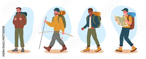 Hiking active tourists. Men on hike, male characters outdoor adventure, trekking and backpacking flat vector illustration. Young guys hiking on trail with backpacks