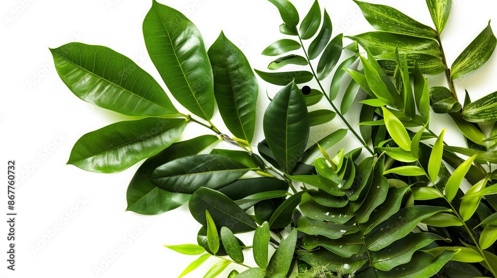 Fototapeta premium Tropical foliage on white background, a botanical decor theme