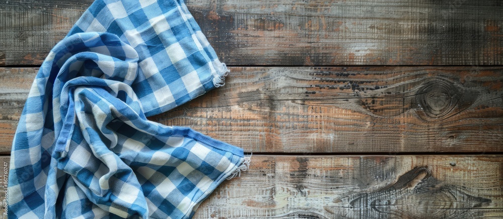 Checkered napkin displayed on a wooden surface Checkered napkin displayed on a wooden surface