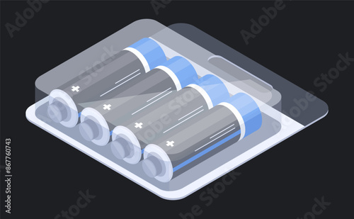 Isometric alkaline batteries pack. Power electricity elements, energy power metallic alkaline accumulators 3d vector illustration. Batteries package