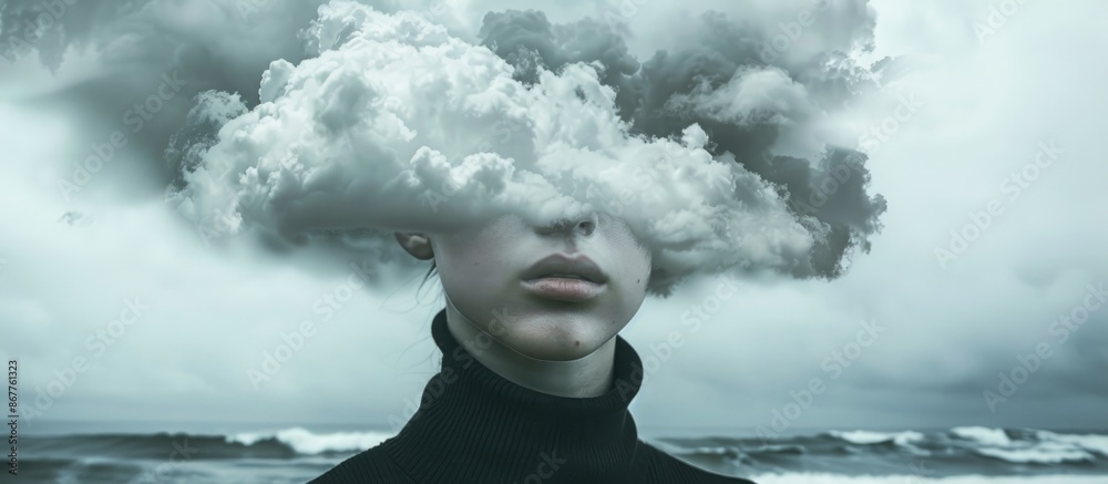 Young woman with cloud in her head against stormy sky over sea. Young woman with cloud in her head against stormy sky over sea.